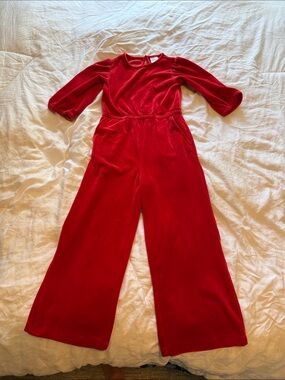 Hanna Andersson Red Velvet Wide-Leg Jumpsuit with 3/4 Sleeves
